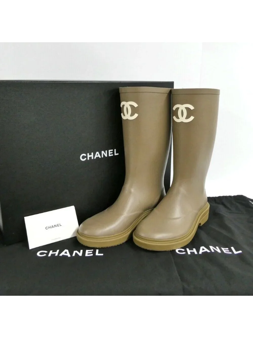 Chanel Lava Rain Boots Long 37 Dark Beige Khaki Shoes